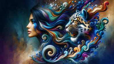 The primary subject of the image is a woman with long, flowing hair. She is depicted with a colorful, swirling mane that adds a vibrant and lively atmosphere to the scene. The setting is a colorful, artistic background that complements the woman's hair and enhances the visual style of the image. The overall mood is one of beauty, creativity, and artistic expression.